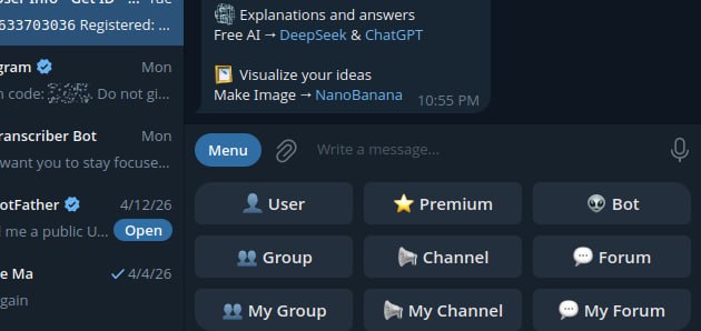 Telegram BotFather group and channel setup screen related to supergroup configuration